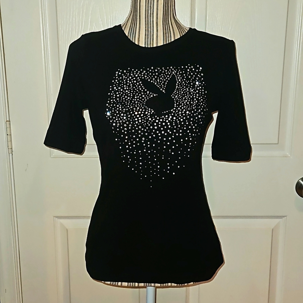 PLAYBOY REAR T-SHIRT TOP IN BLACK WITH RHINESTONES DESIGN SIZE M